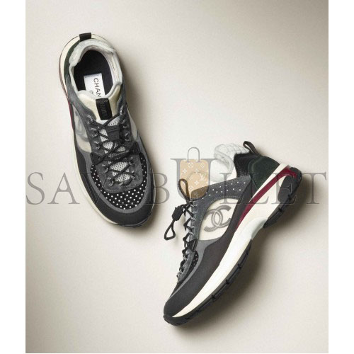 CHANEL SNEAKERS 		FABRIC, SUEDE CALFSKIN, MESH & FABRIC			BLACK, DARK GRAY, WHITE & LIGHT GRAY G39488 Y56142 K4948