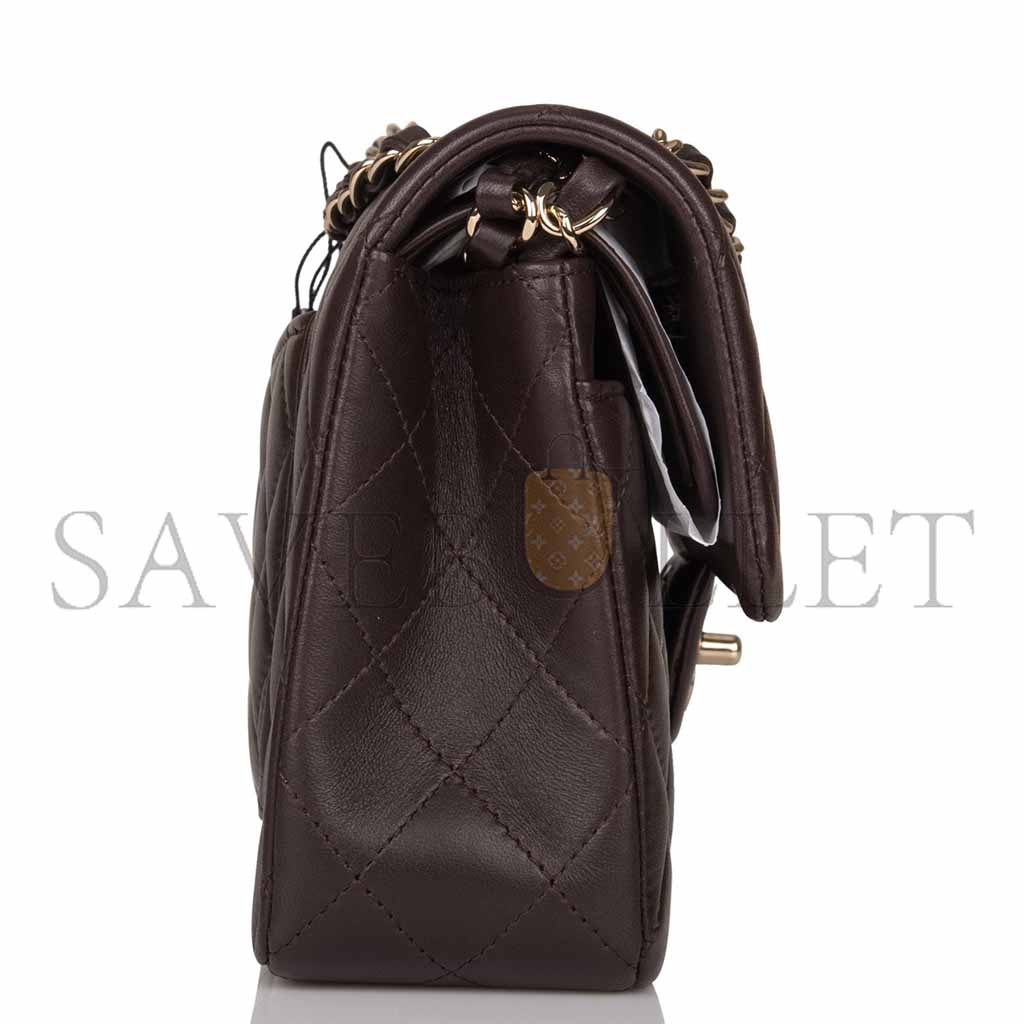 CHANEL CLASSIC DOUBLE FLAP BAG DARK BROWN LAMBSKIN LIGHT GOLD HARDWARE AS1117 (23*14.5*6cm)