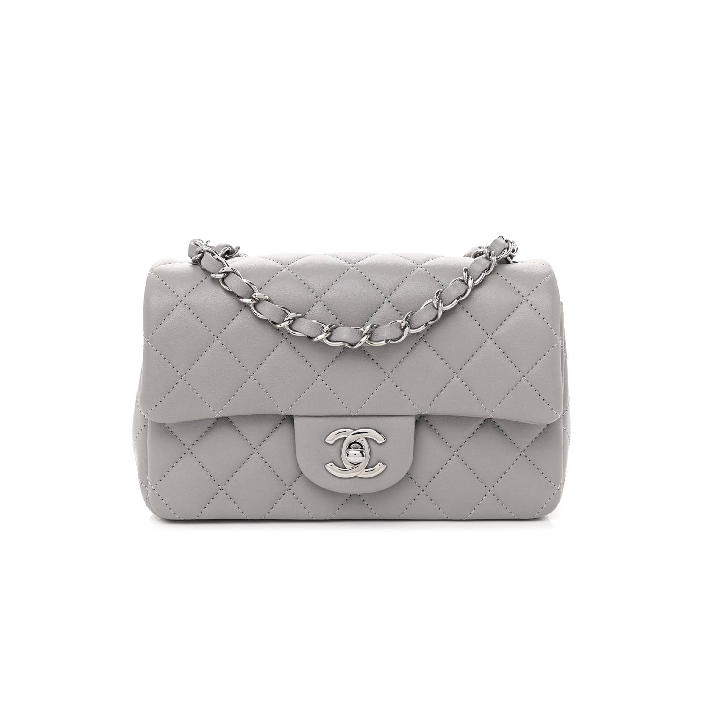 CHANEL LAMBSKIN QUILTED MINI RECTANGULAR FLAP GREY SILVER HARDWARE (20*12*6cm)