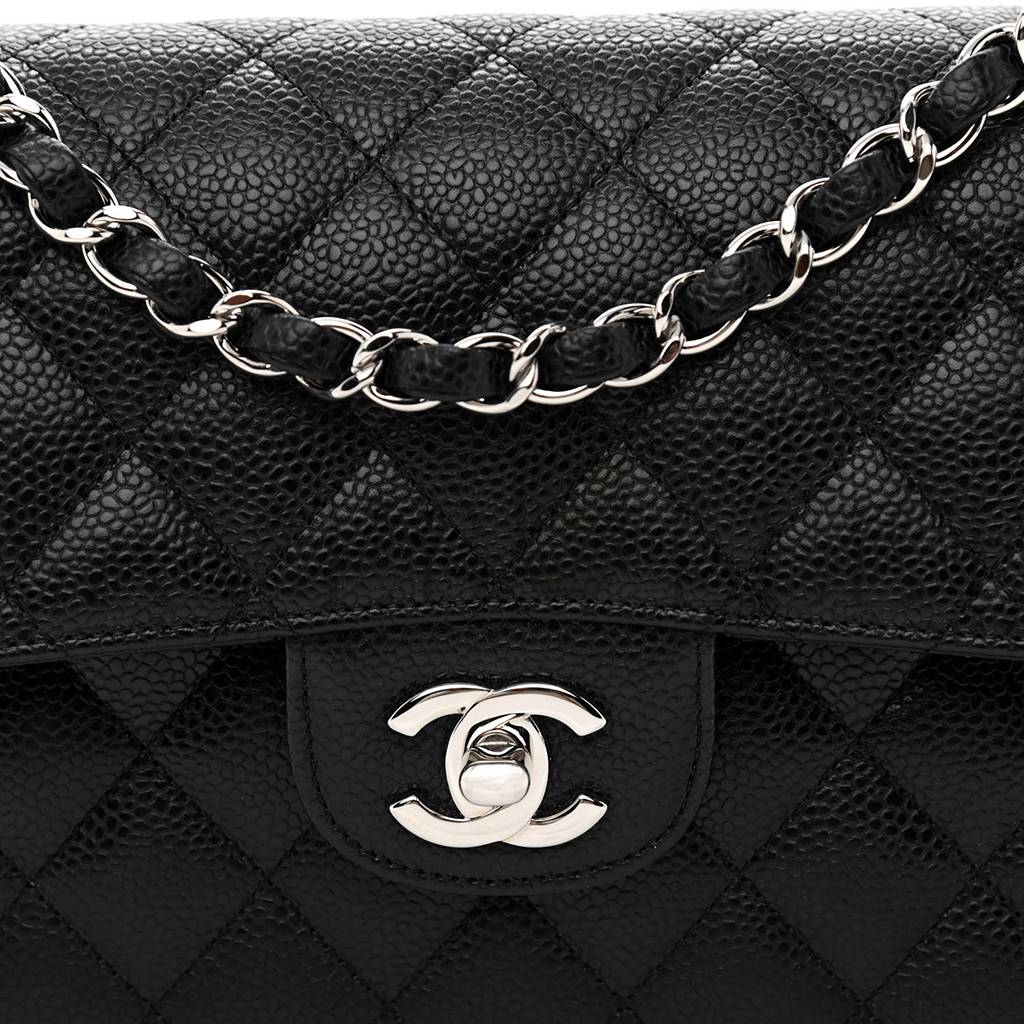 CHANEL CAVIAR QUILTED SMALL DOUBLE FLAP BLACK SILVER HARDWARE (23*14*6cm)