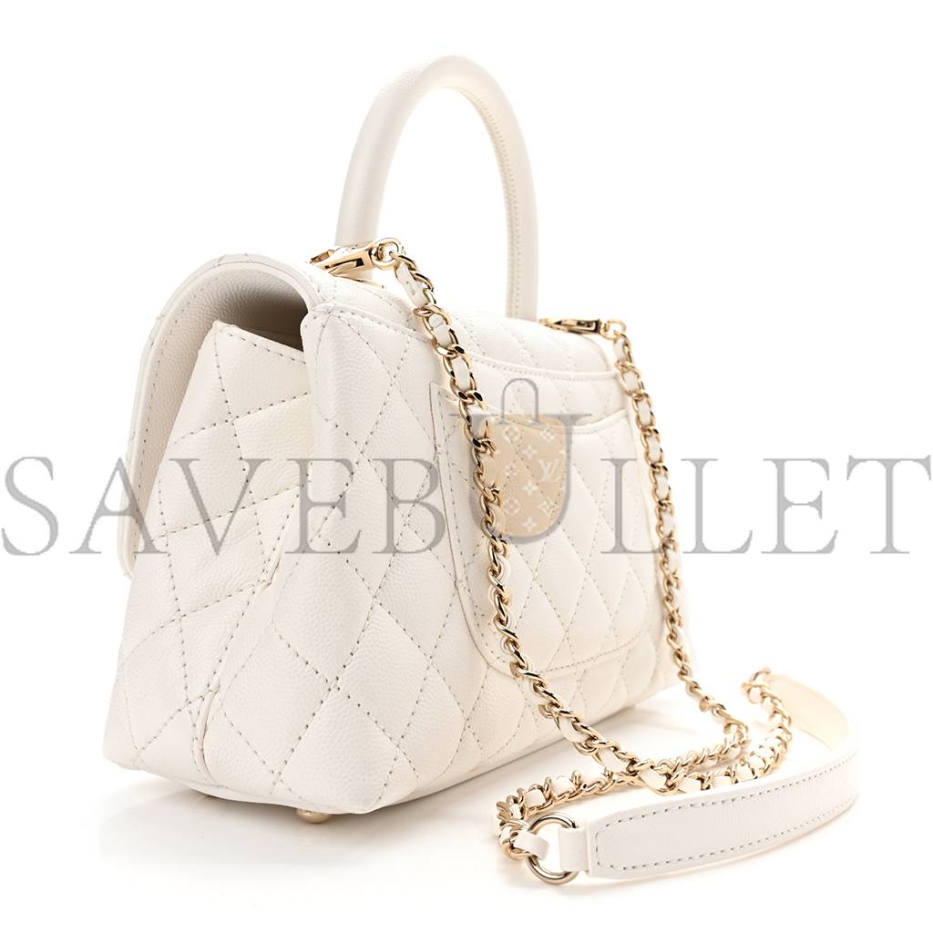 CHANEL CAVIAR QUILTED MINI COCO HANDLE FLAP WHITE GOLD HARDWARE (23*15*9cm)