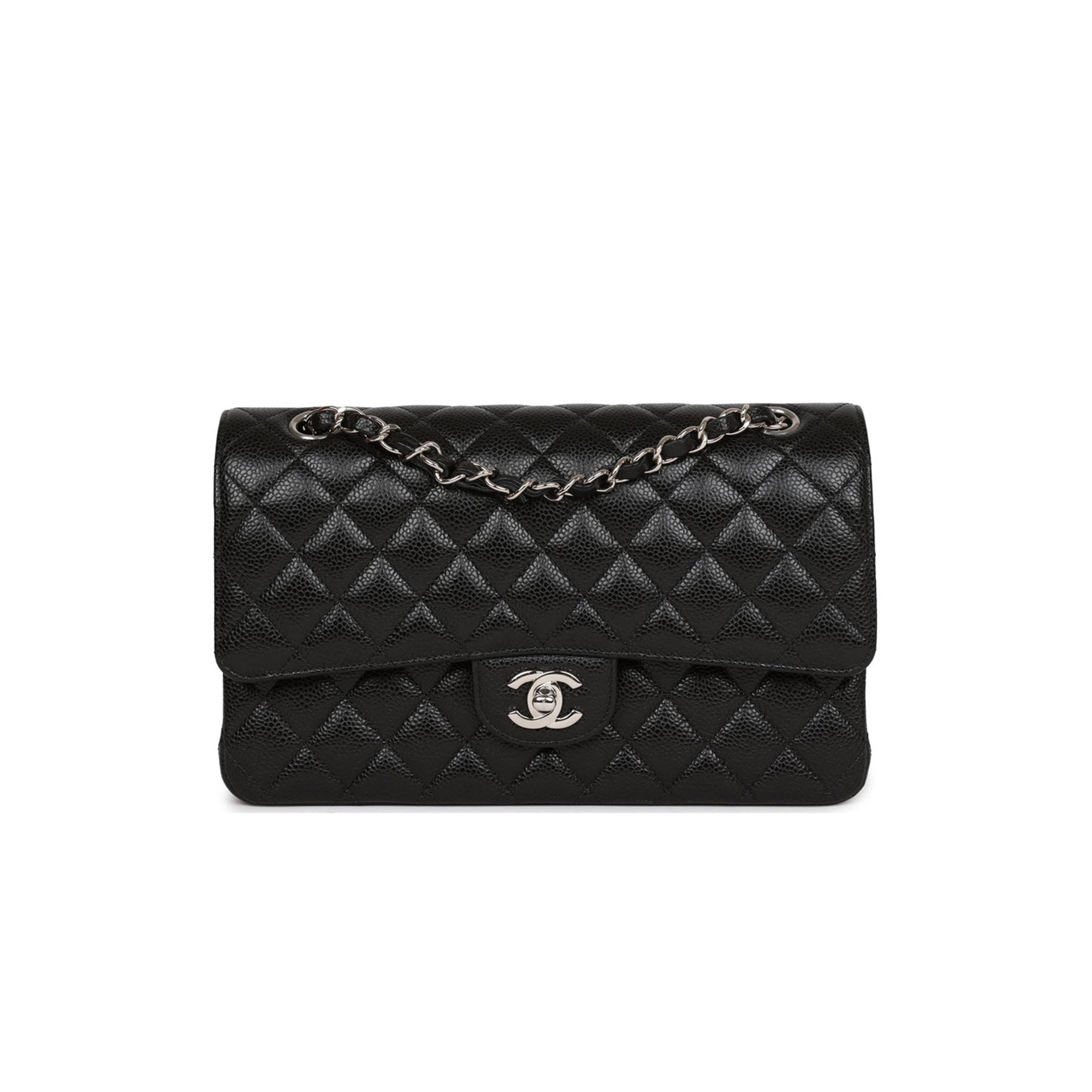 CHANEL MEDIUM CLASSIC DOUBLE FLAP BAG BLACK QUILTED CAVIAR SILVER HARDWARE (25*15*7cm)