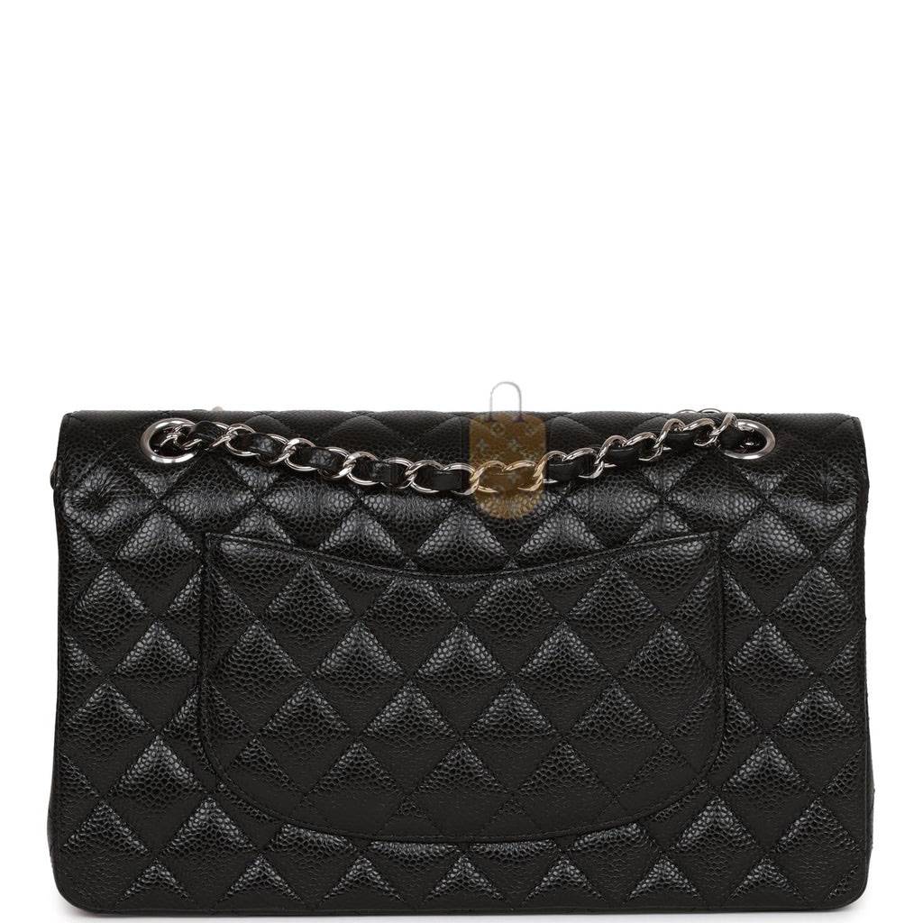 CHANEL MEDIUM CLASSIC DOUBLE FLAP BAG BLACK QUILTED CAVIAR SILVER HARDWARE (25*15*7cm)