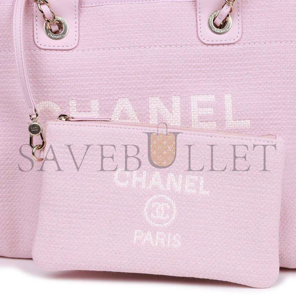 CHANEL SMALL DEAUVILLE SHOPPING BAG PINK BOUCLE LIGHT GOLD HARDWARE (34*27*15cm)