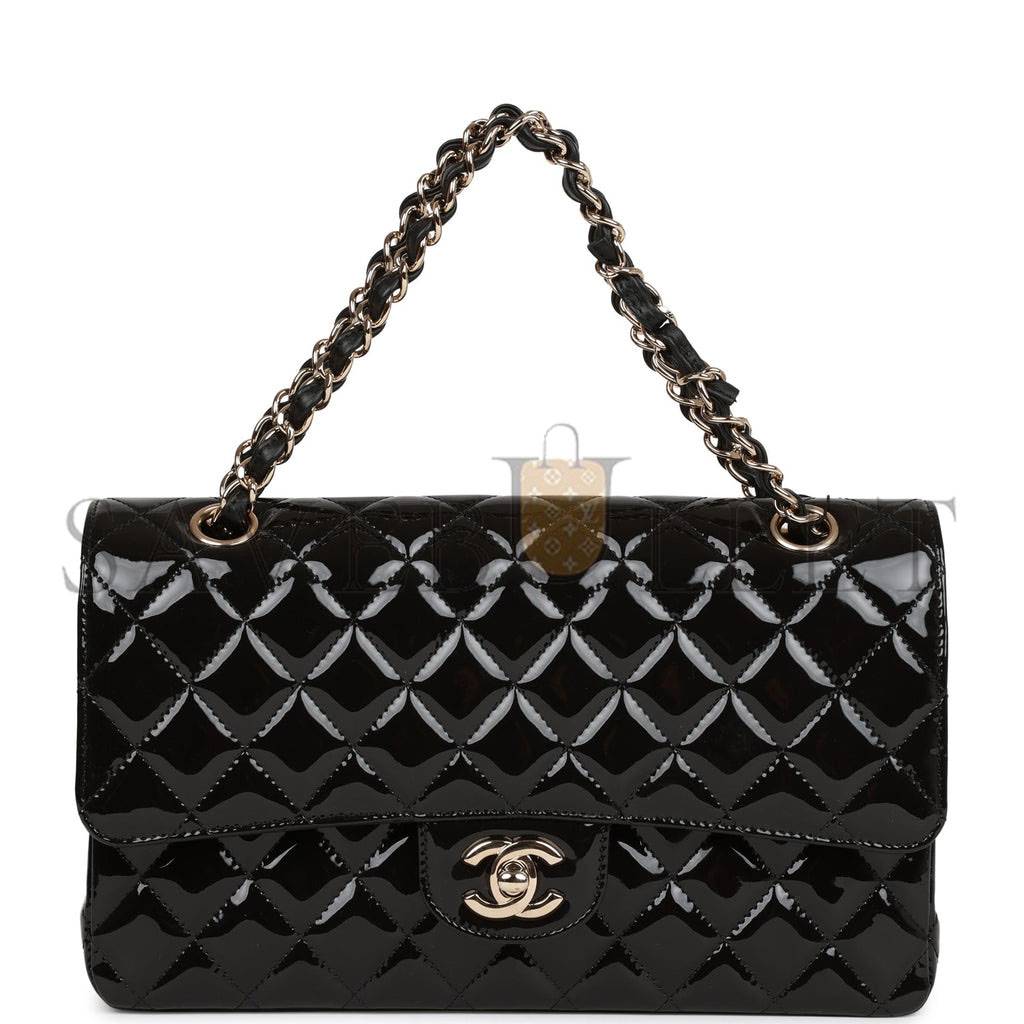 CHANEL MEDIUM CLASSIC DOUBLE FLAP BAG BLACK PATENT LIGHT GOLD HARDWARE (25*15*7cm)