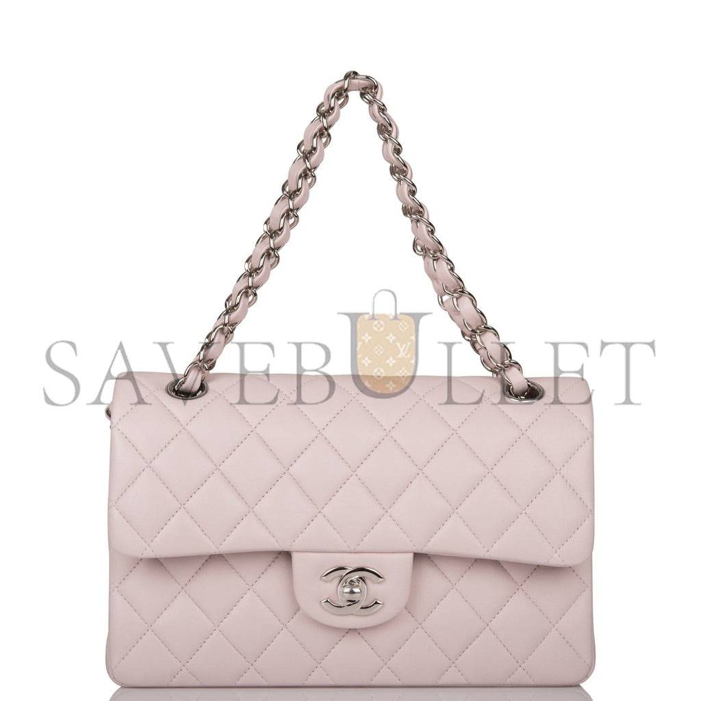 CHANEL SMALL CLASSIC DOUBLE FLAP BAG LIGHT PINK LAMBSKIN SILVER HARDWARE (23*13*6cm)