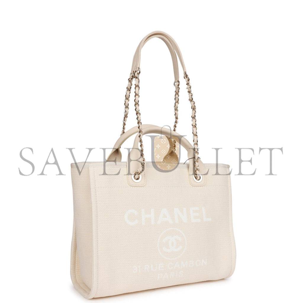 CHANEL LARGE DEAUVILLE SHOPPING BAG WHITE BOUCLE LIGHT GOLD HARDWARE (41*28*15cm)