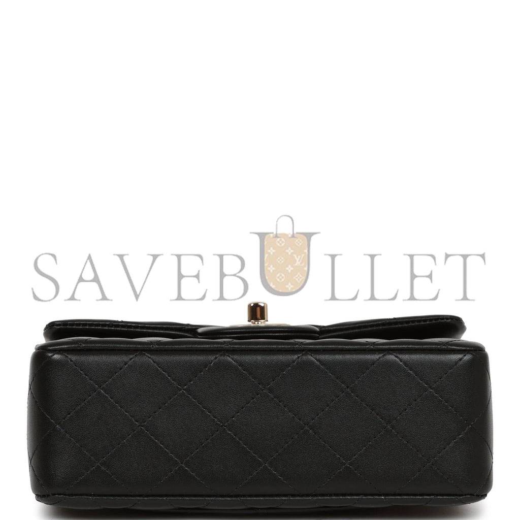 CHANEL MINI RECTANGULAR FLAP BAG WITH TOP HANDLE BLACK LAMBSKIN LIGHT GOLD HARDWARE (22*15*8cm)