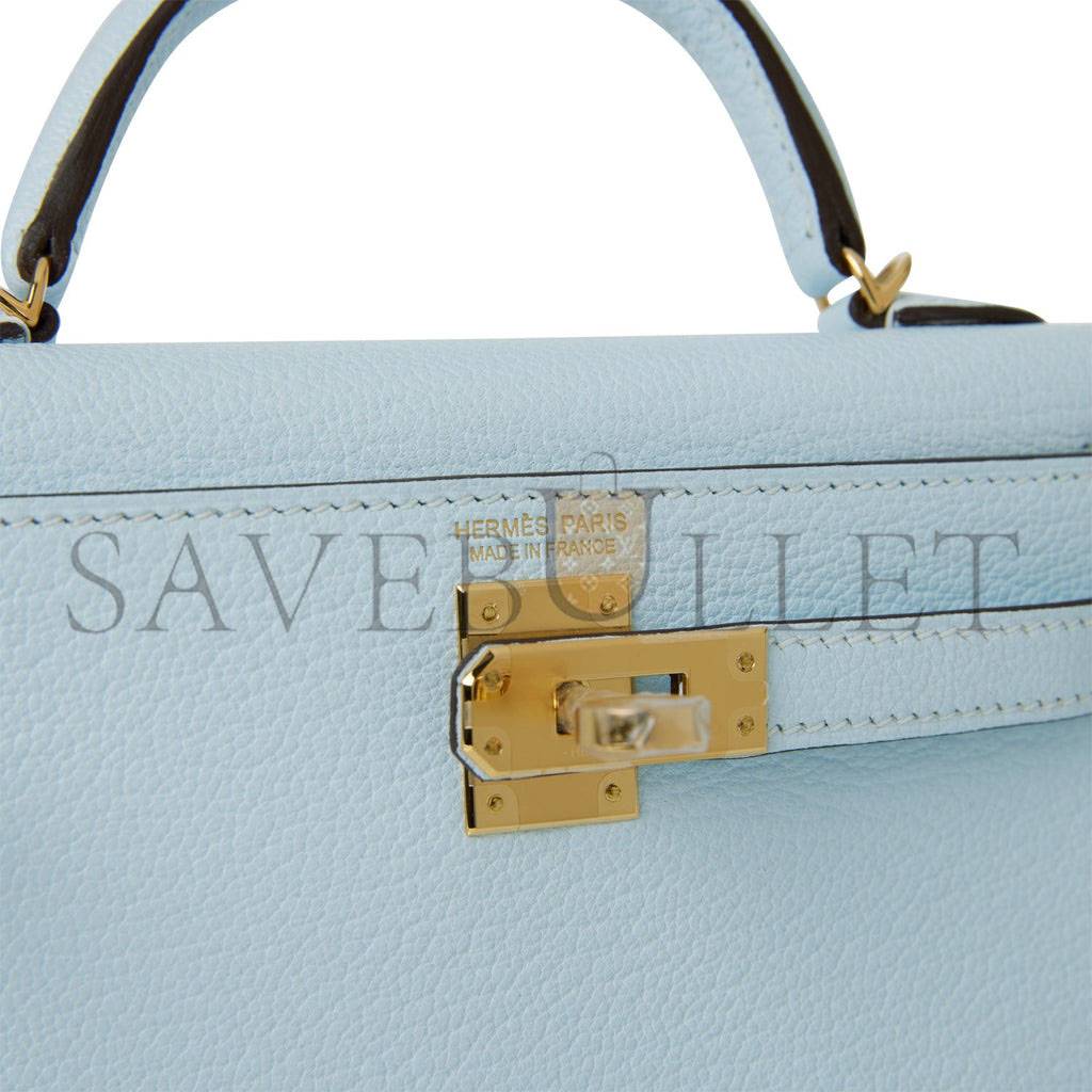 HERMES MINI KELLY SELLIER 20 BLEU BRUME CHEVRE GOLD HARDWARE (19*12*5.5cm)