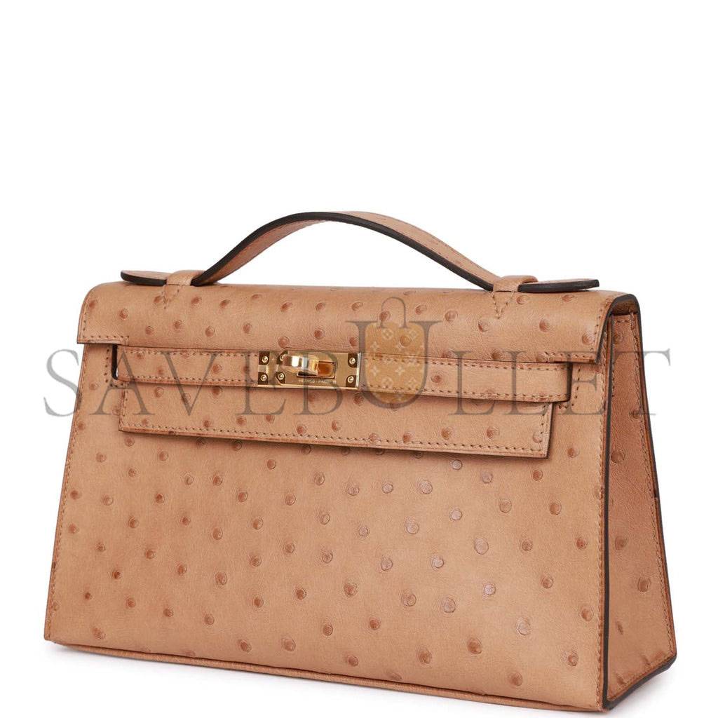 HERMES KELLY POCHETTE CHAI OSTRICH GOLD HARDWARE  (22*12*13cm)