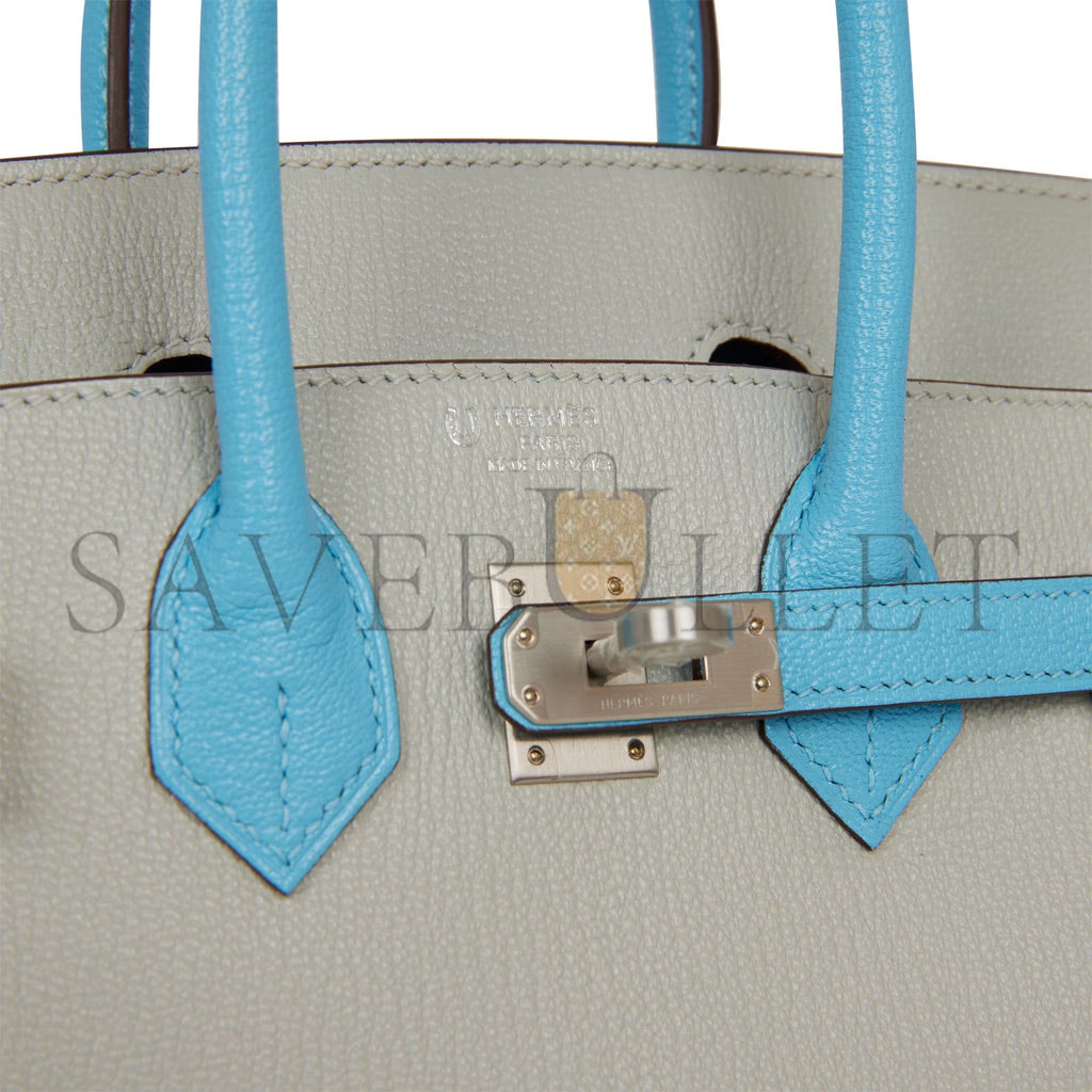 HERMES SPECIAL ORDER (HSS) BIRKIN 25 GRIS PERLE AND BLEU DU NORD CHÈVRE BRUSHED PALLADIUM HARDWARE HANDMADE (25cm)