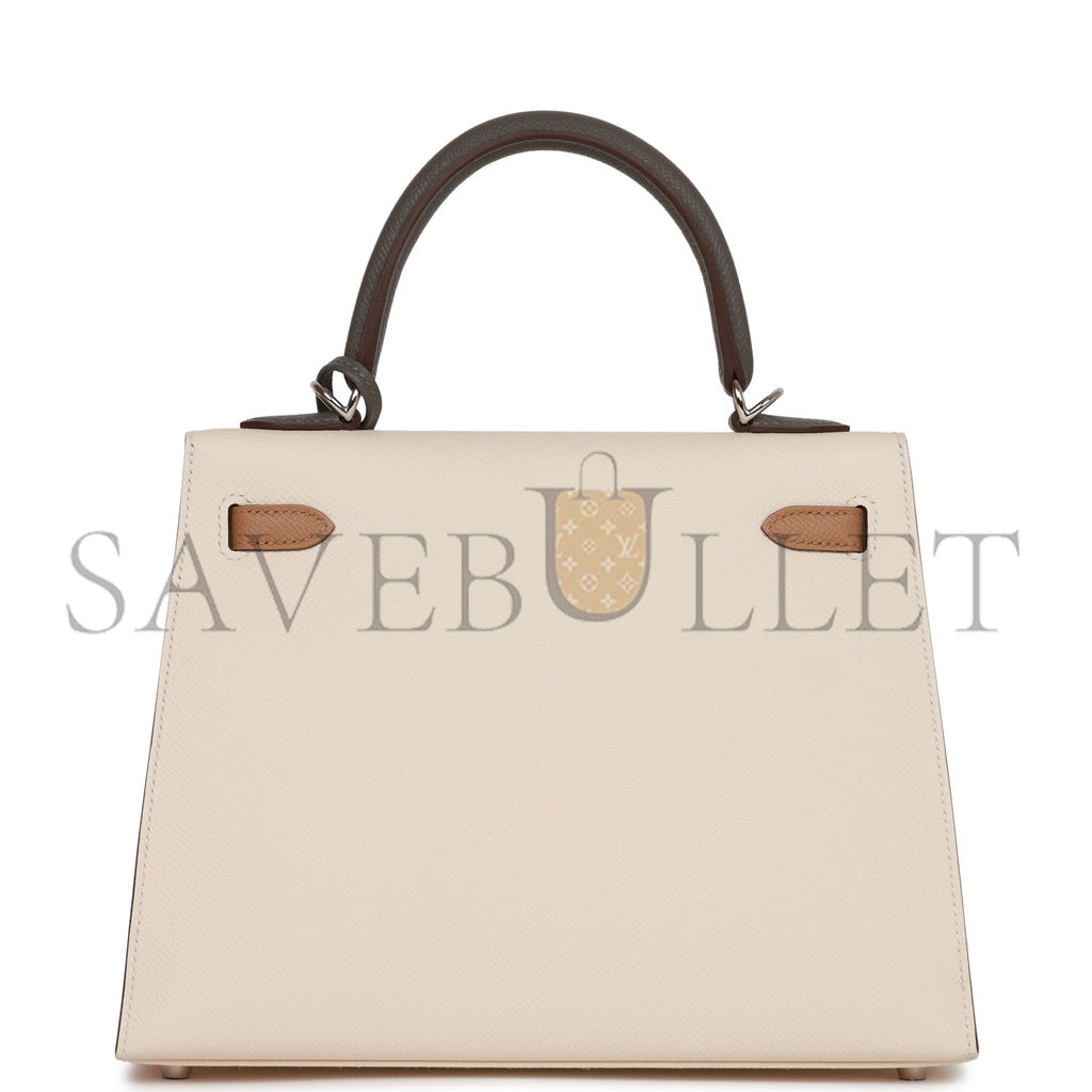 HERMES KELLY SELLIER 25 TRI-COLOR NATA, CHAI AND GRIS MEYER EPSOM PALLADIUM HARDWARE (25*17*7cm)