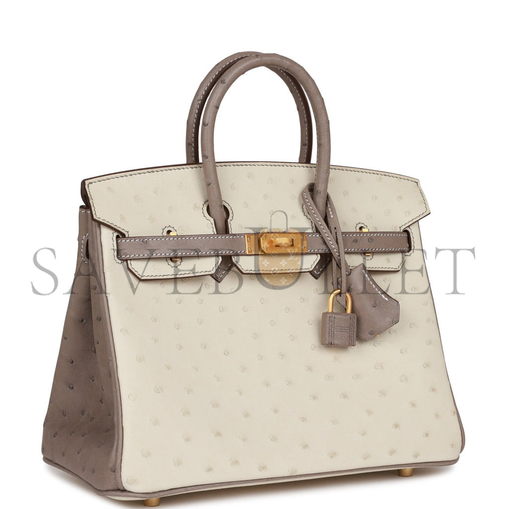 HERMES SPECIAL ORDER (HSS) BIRKIN 25 BETON AND GRIS ASPHALTE OSTRICH BRUSHED GOLD HARDWARE HANDMADE (25cm)