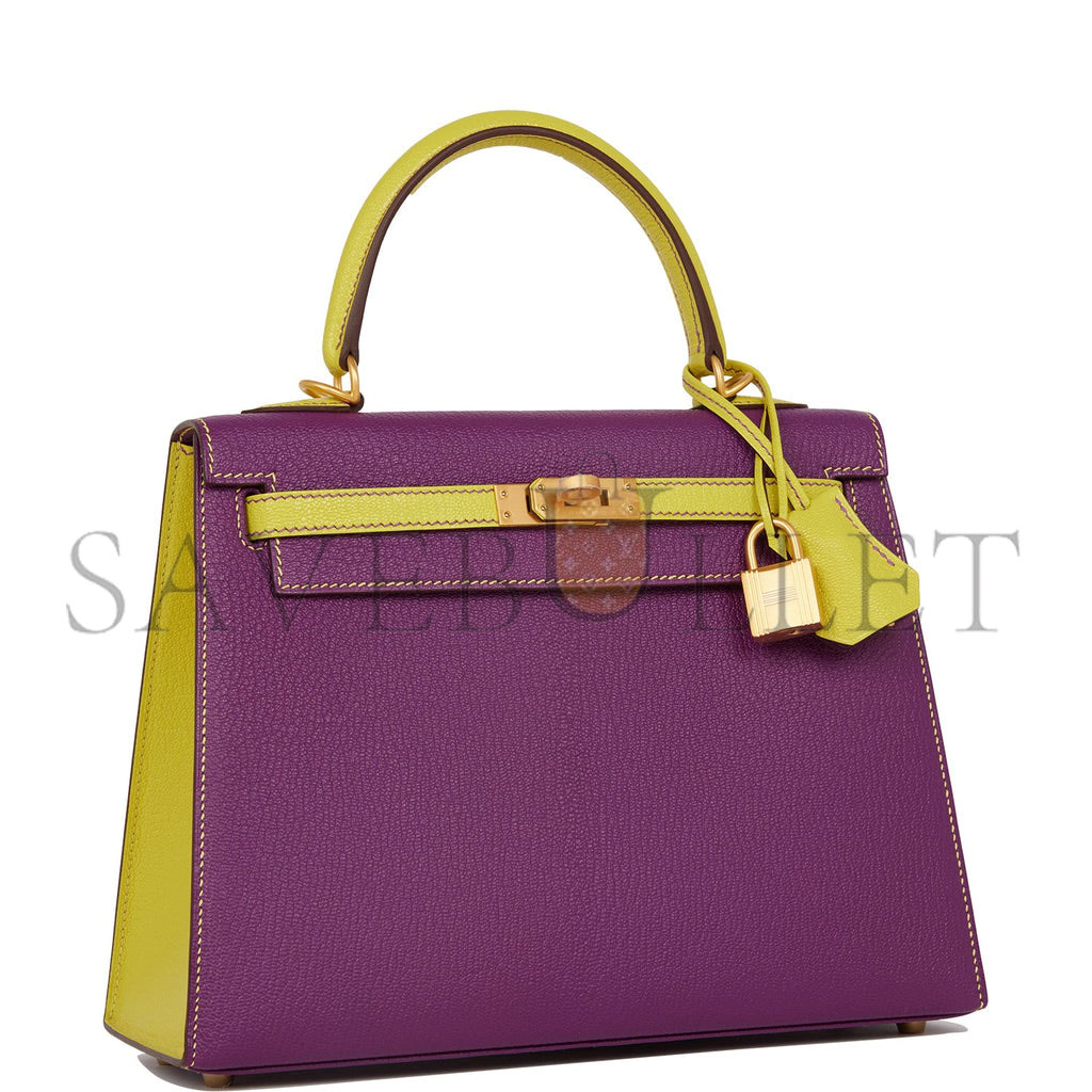 HERMES SPECIAL ORDER (HSS) KELLY SELLIER 25 ANEMONE AND LIME CHEVRE BRUSHED GOLD HARDWARE HANDMADE (25*17*7)