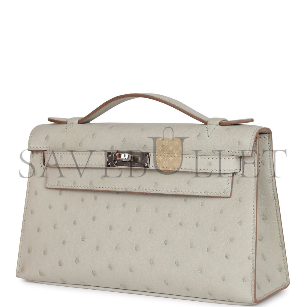 HERMES MINI KELLY POCHETTE GRIS PERLE OSTRICH PALLADIUM HARDWARE  (22*14*7cm)